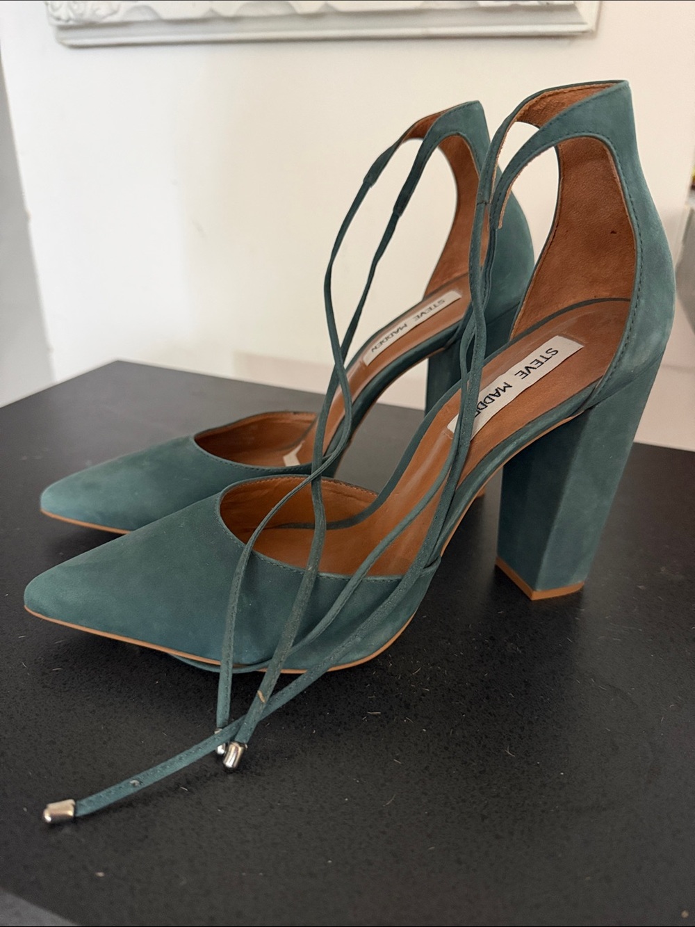 Steve Madden Teal Suede Pointed-Toe Lace-Up Block Heels